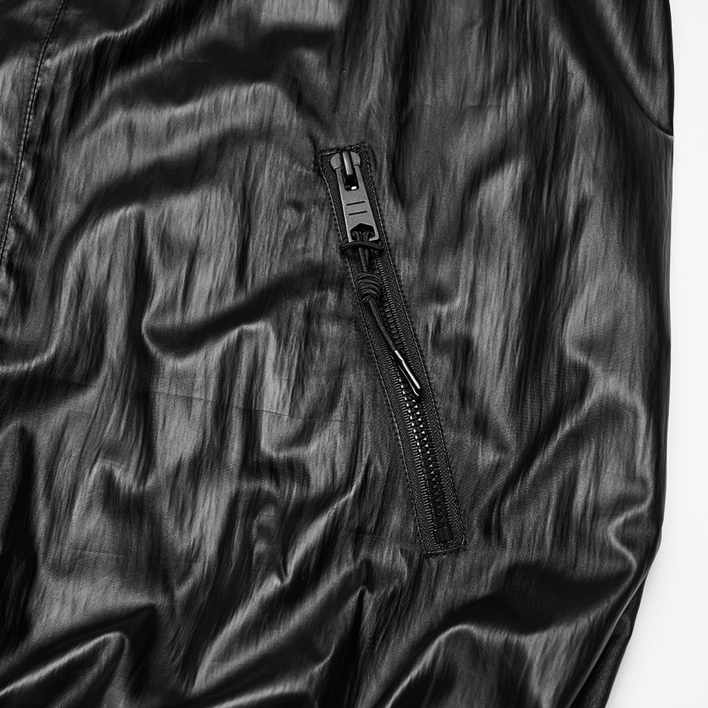 Male Black Cyberpunk Hooded Waterproof Mesh Jacket close-up showing high-quality zipper detail.