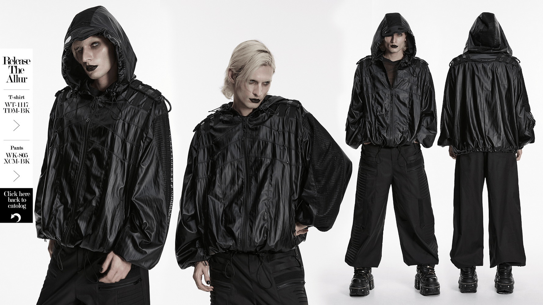 Male Black Cyberpunk Hooded Waterproof Mesh Jacket displayed from multiple angles on a model with a dark aesthetic.