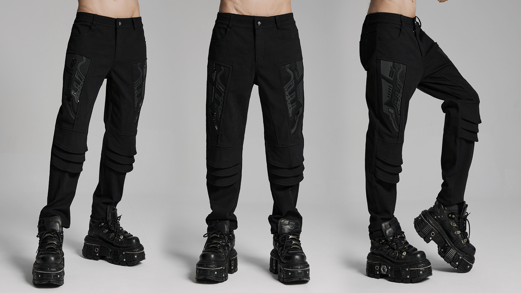 Male model showcasing stylish black cyberpunk pants with 3D armor patches, paired with trendy platform boots.