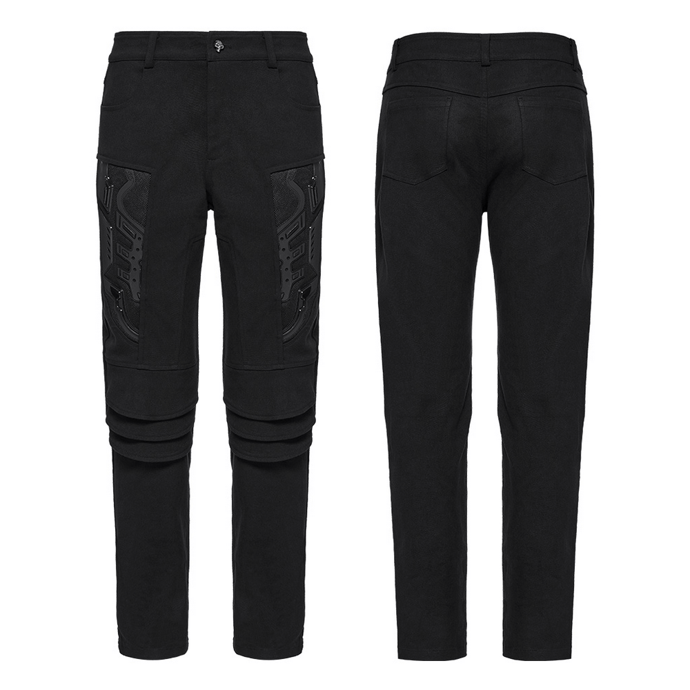 Stylish black cyberpunk pants with 3D armor patches, showcasing a sleek elastic twill design from the front and back.