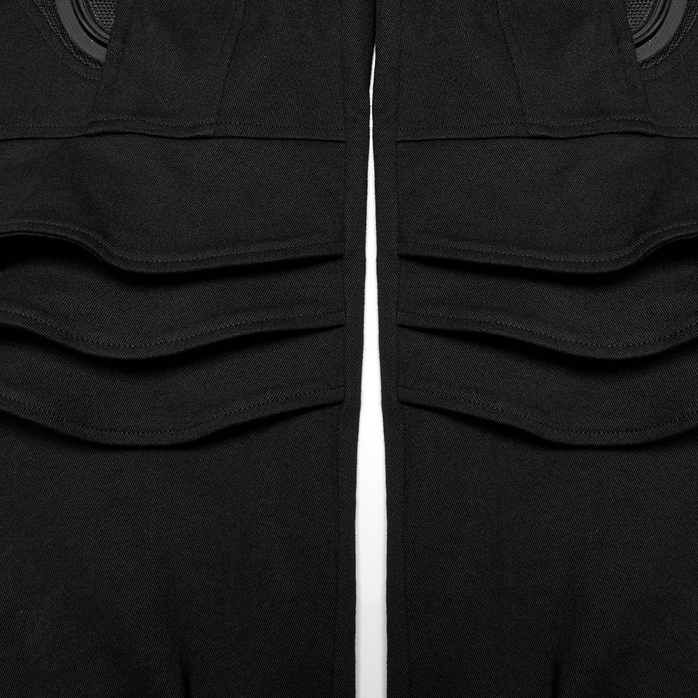 Black cyberpunk pants featuring stylish 3D armor-like patches and unique pocket design for a distinctive look.