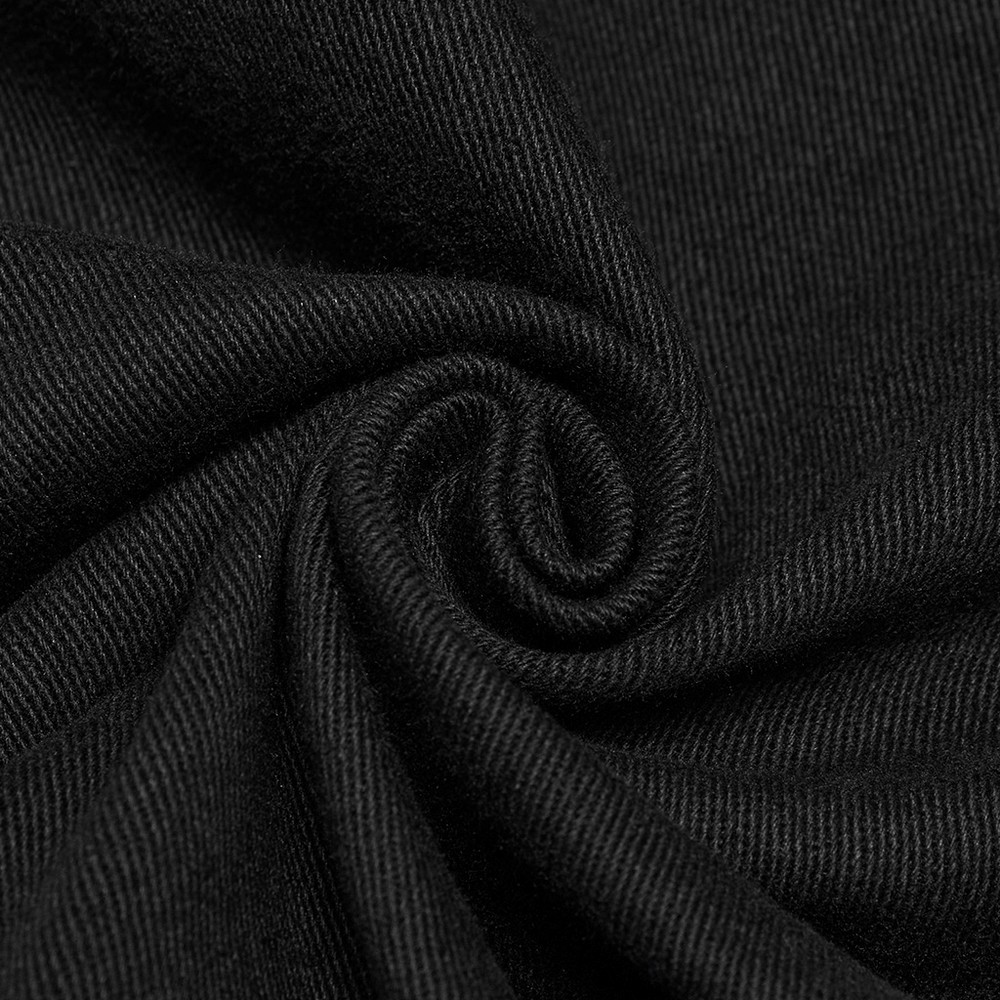 close-up of soft, textured black elastic twill fabric for trendy cyberpunk pants design.