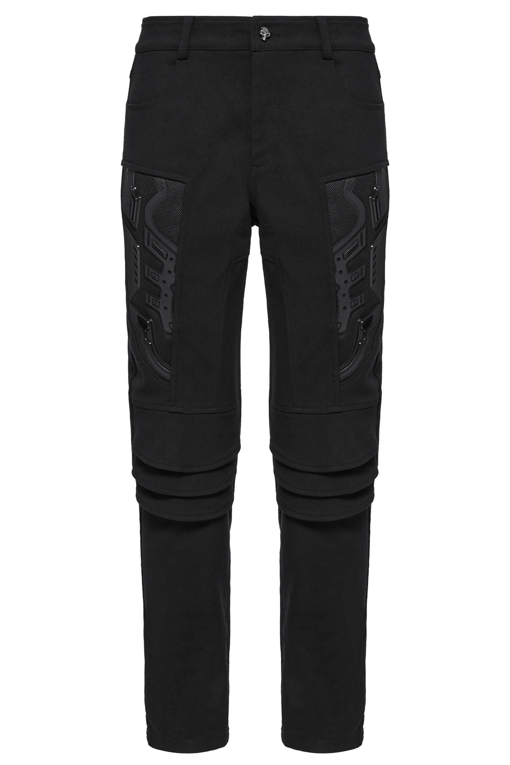 Male black cyberpunk pants with 3D armor patches on knees and side, stylish elastic twill trousers for men.