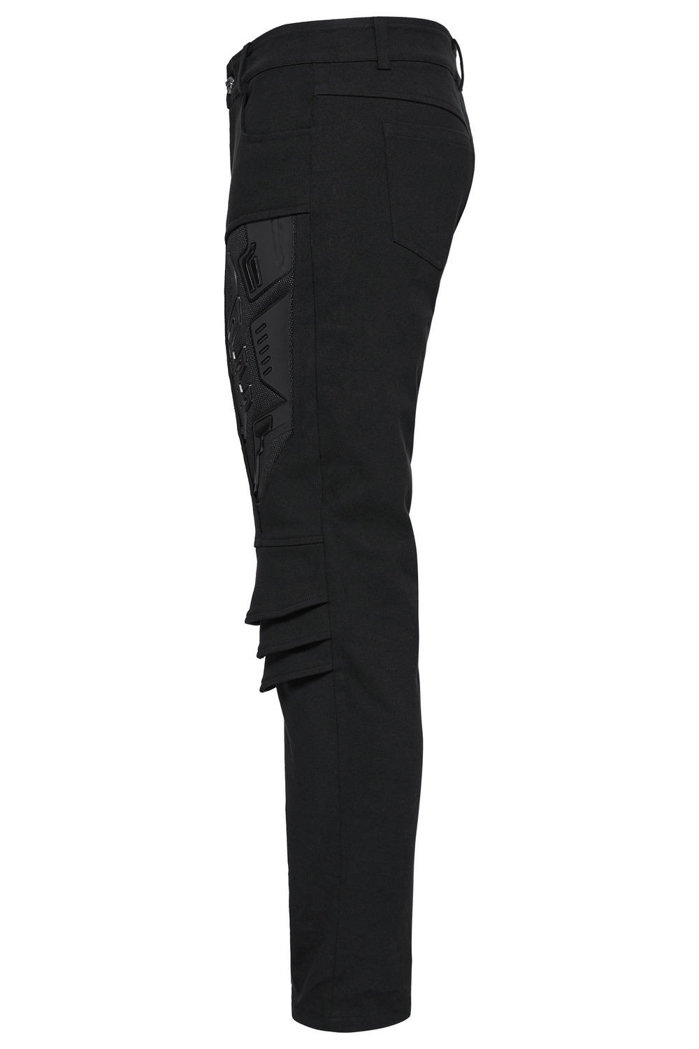 Male black cyberpunk pants with 3D armor patches, showcasing sleek design and stylish elastic twill fabric.