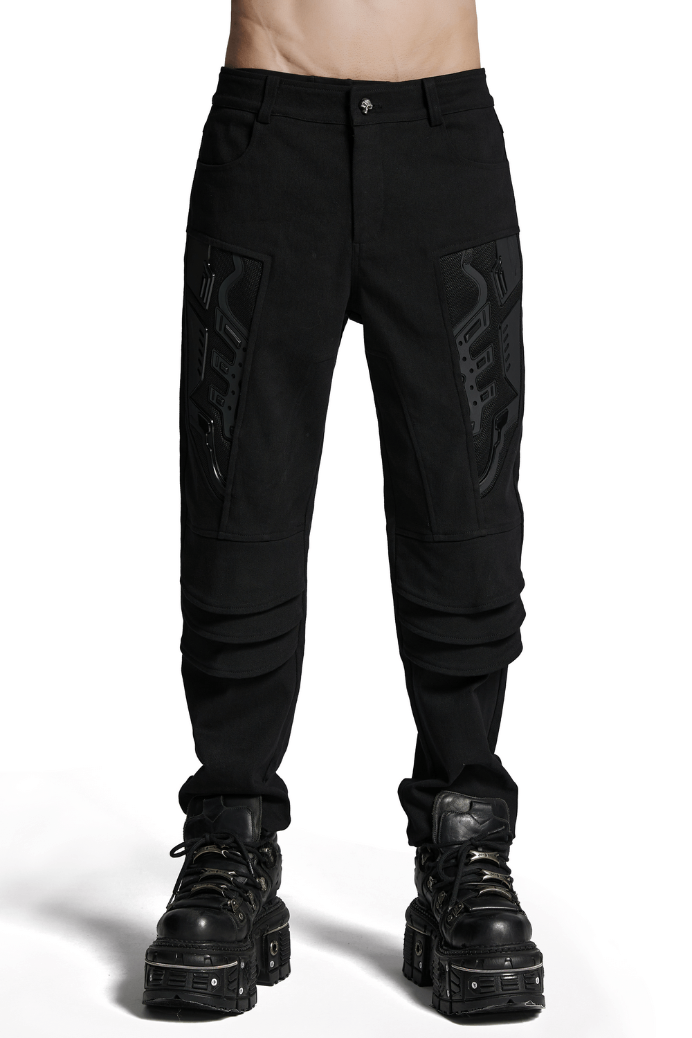 Male black cyberpunk pants with 3D armor patches and stylish elastic twill design, perfect for a bold fashion statement.