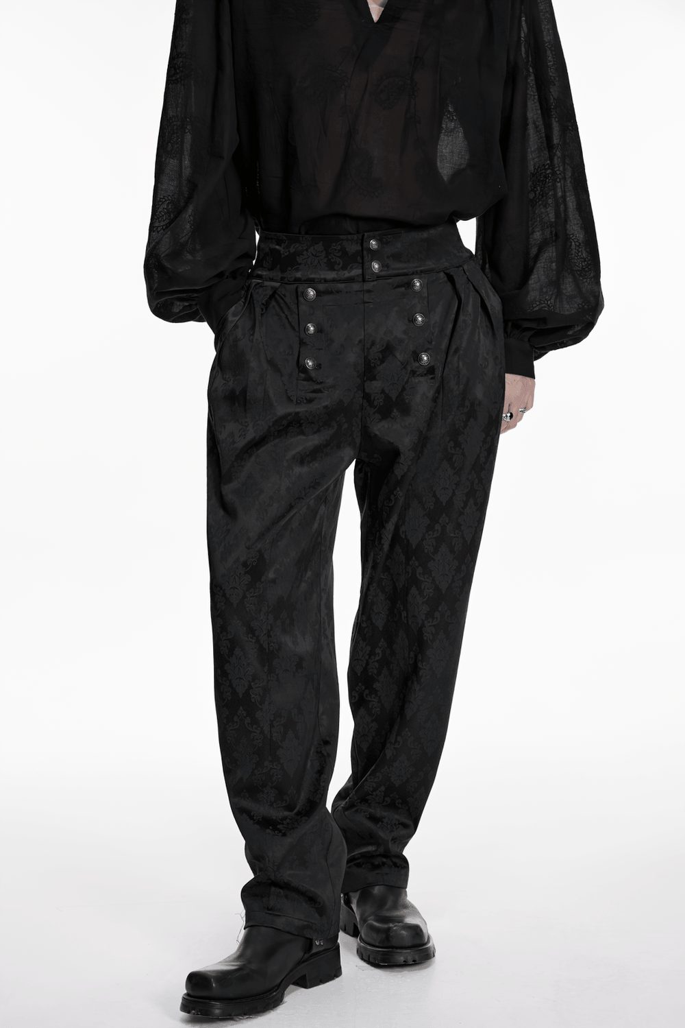 Male Black Gothic Jacquard Tapered Fit Trousers with ornate pattern and front button accents.