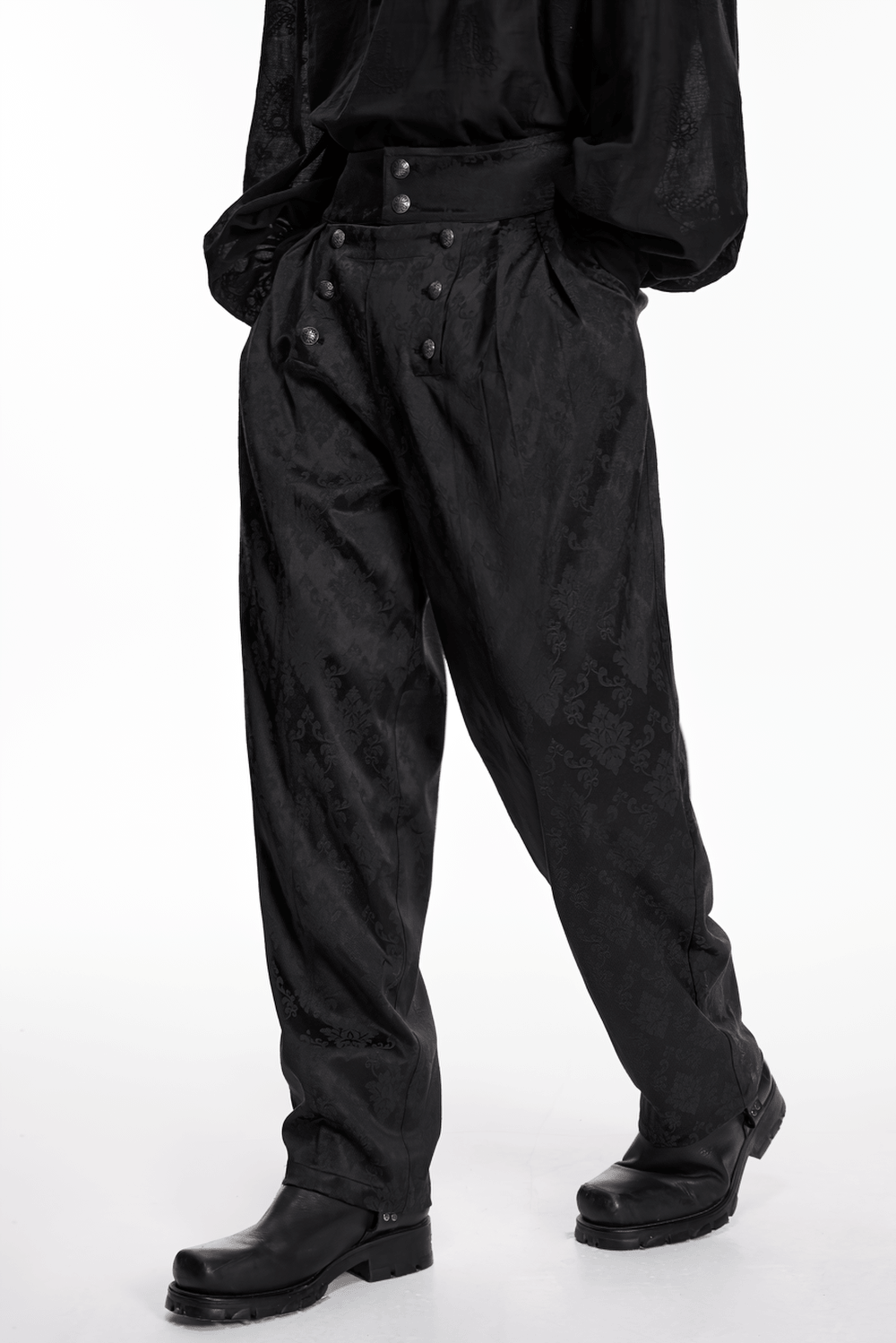 Male Black Gothic Jacquard Tapered Fit Trousers displayed on a model, showcasing sleek elegance and retro tailored fit.