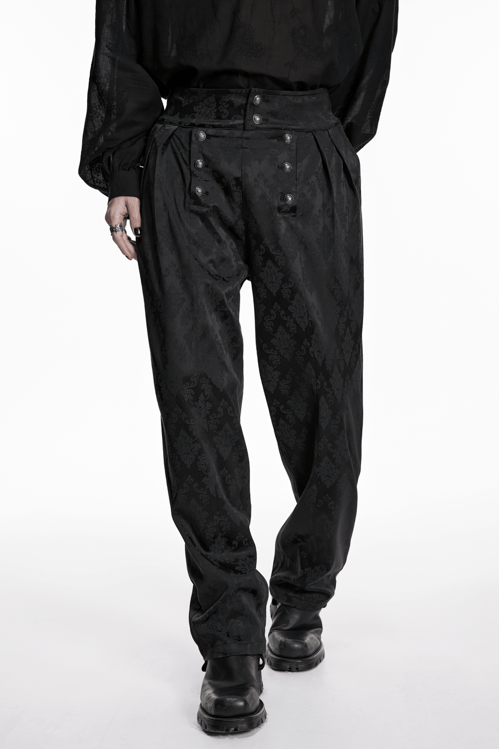 Male Black Gothic Jacquard Tapered Fit Trousers showcasing a sleek silhouette with ornate fabric details.