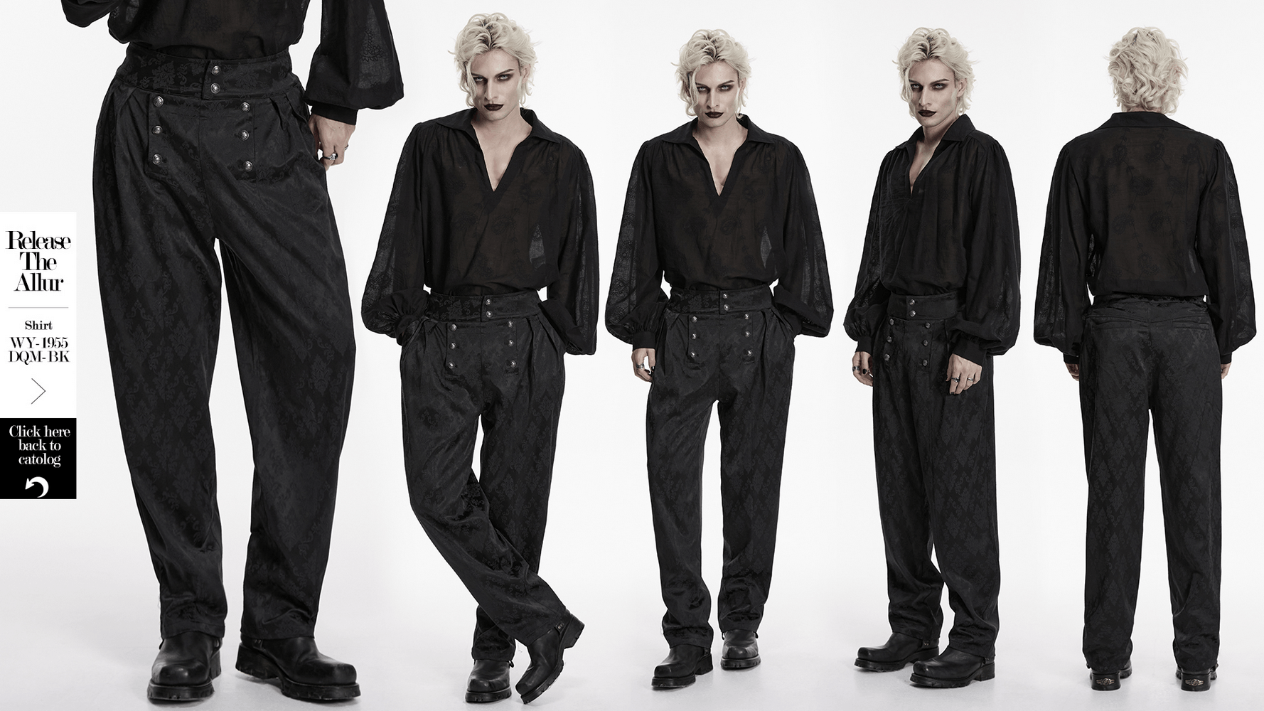 Male Black Gothic Jacquard Tapered Fit Trousers showcased in a stylish, dark ensemble with a high waistband and tailored cut.