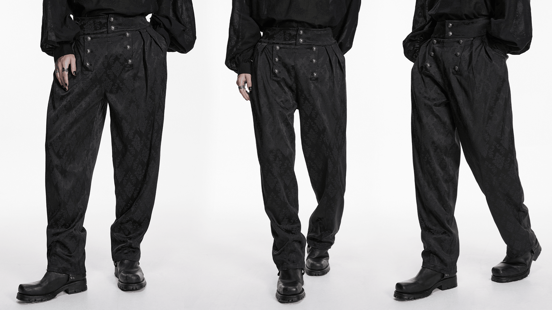 Male Black Gothic Jacquard Tapered Fit Trousers showcased in a stylish, dark aesthetic.