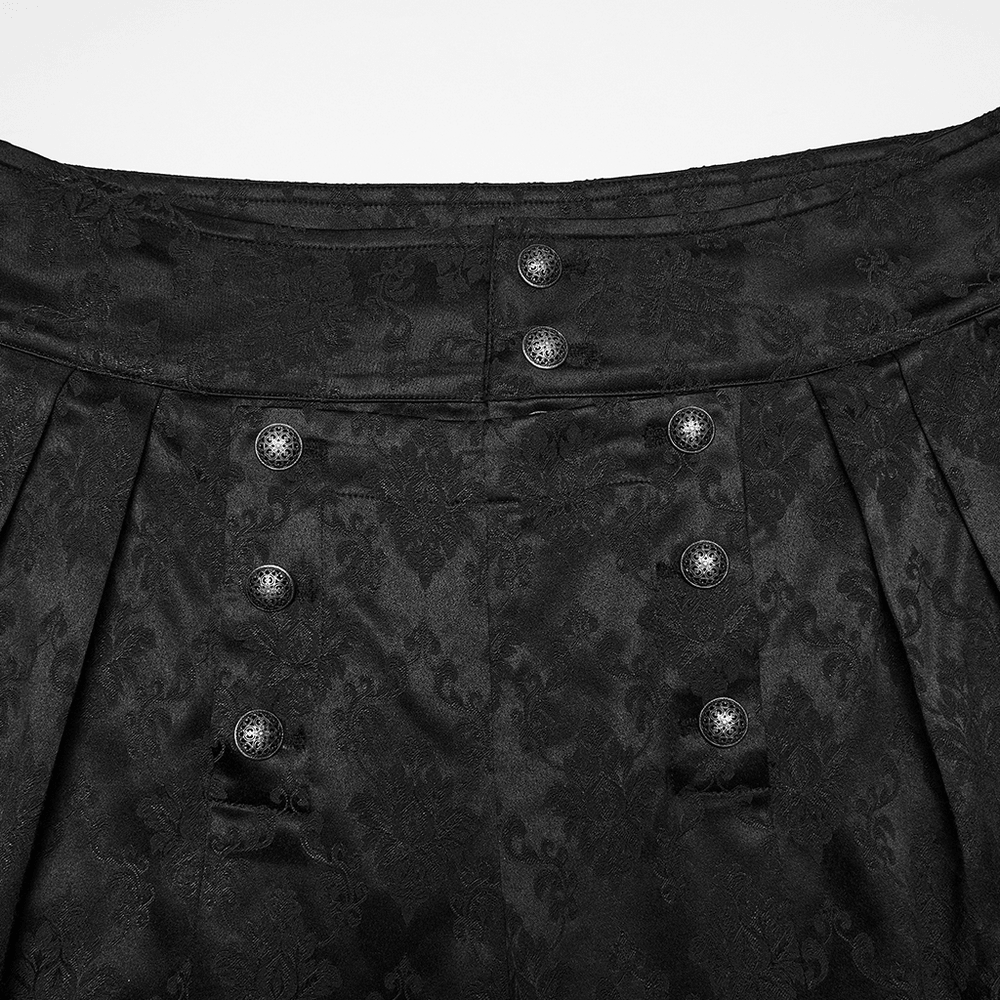 Male Black Gothic Jacquard Tapered Fit Trousers close-up of waistband details with button accents and rich pattern.