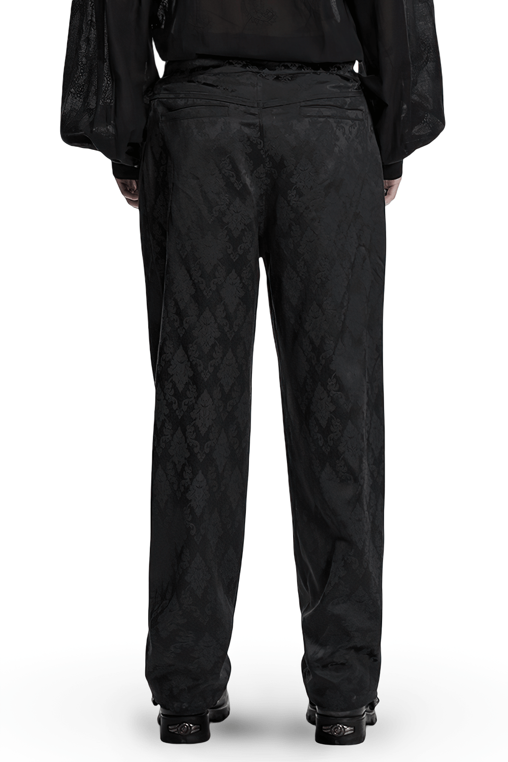 Male Black Gothic Jacquard Tapered Fit Trousers, showcasing the back view with detailed jacquard fabric.