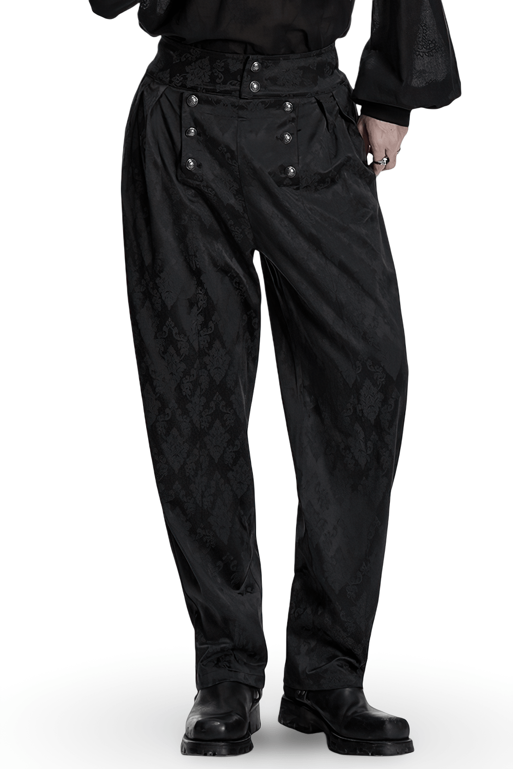 Male Black Gothic Jacquard Tapered Fit Trousers showcasing ornate fabric and retro tailored design.