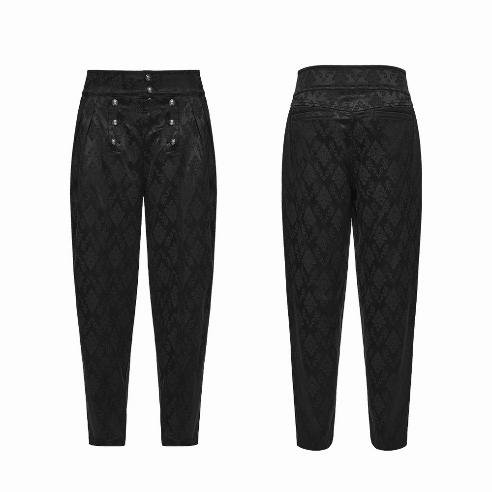 Male Black Gothic Jacquard Tapered Fit Trousers featuring a sleek tapered cut and ornate woven fabric design.