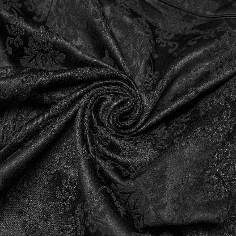 Male Black Gothic Jacquard Tapered Fit Trousers fabric close-up showcasing intricate floral patterns.