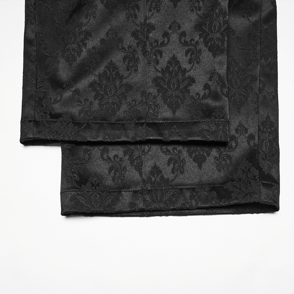 Male Black Gothic Jacquard Tapered Fit Trousers close-up of ornate fabric pattern