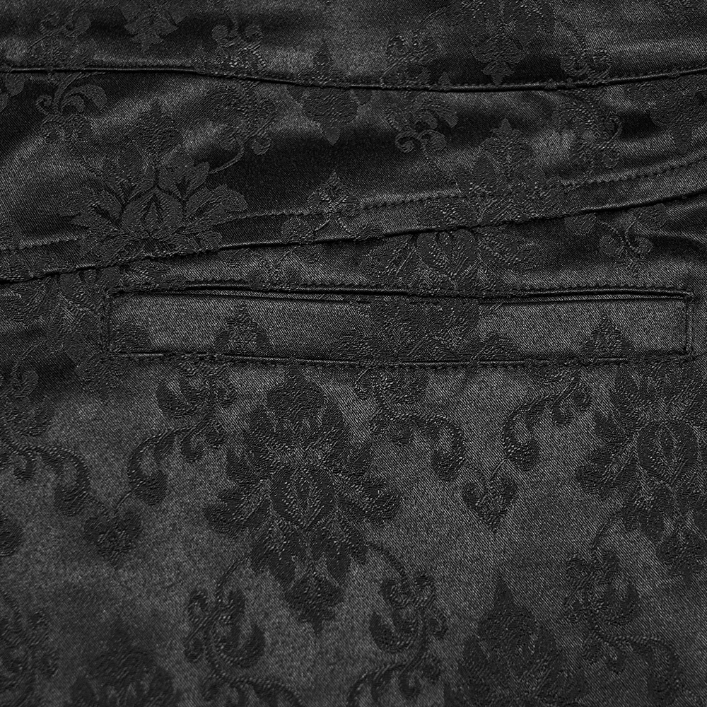 Male Black Gothic Jacquard Tapered Fit Trousers detailed woven fabric close-up.
