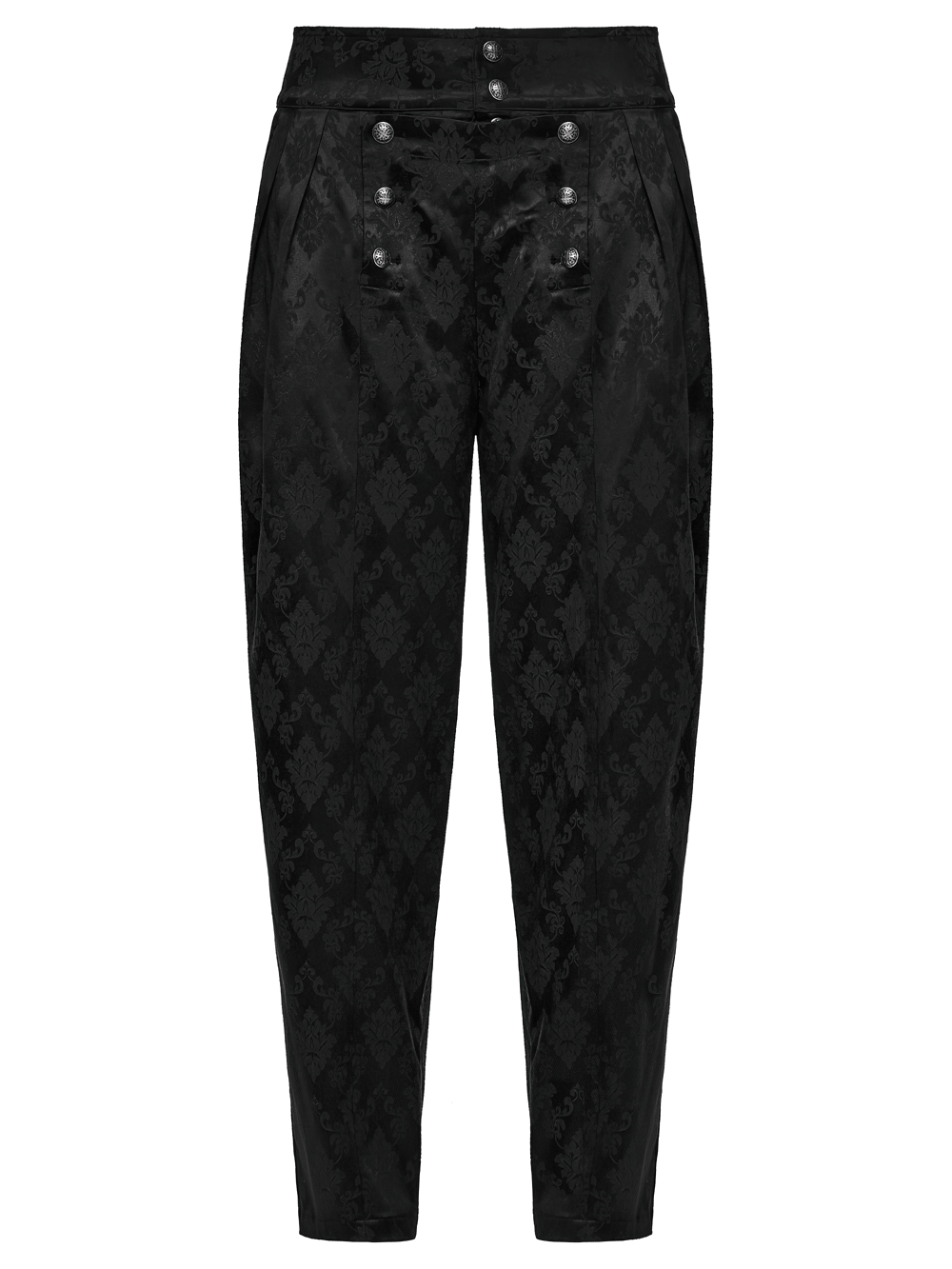Male Black Gothic Jacquard Tapered Fit Trousers showcasing sleek design with ornate patterns and button accents.