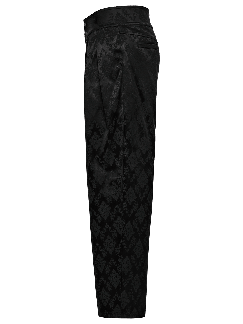 Male Black Gothic Jacquard Tapered Fit Trousers side view showcasing ornate fabric design.