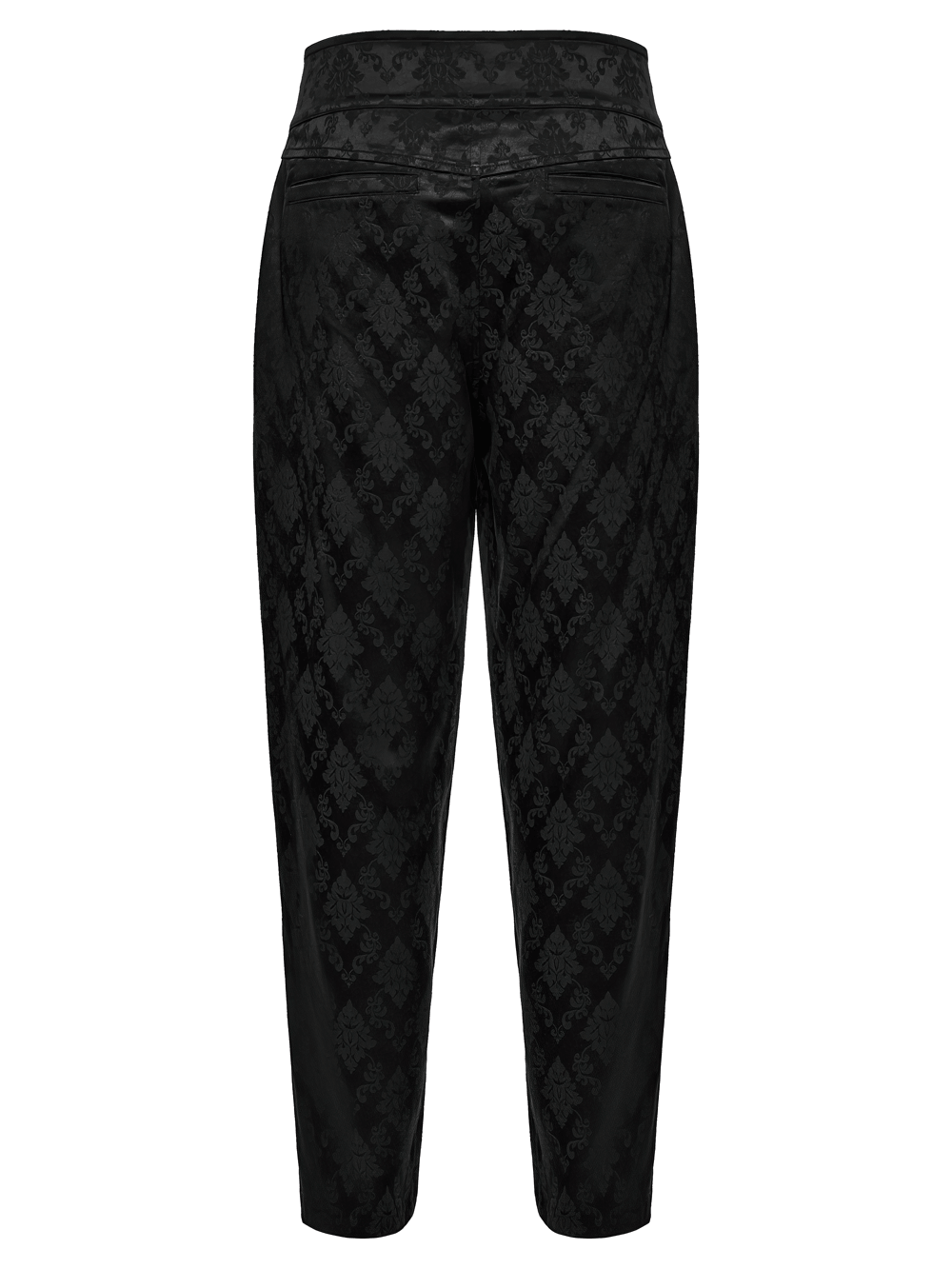 Male Black Gothic Jacquard Tapered Fit Trousers showcasing ornate woven fabric pattern from the back.