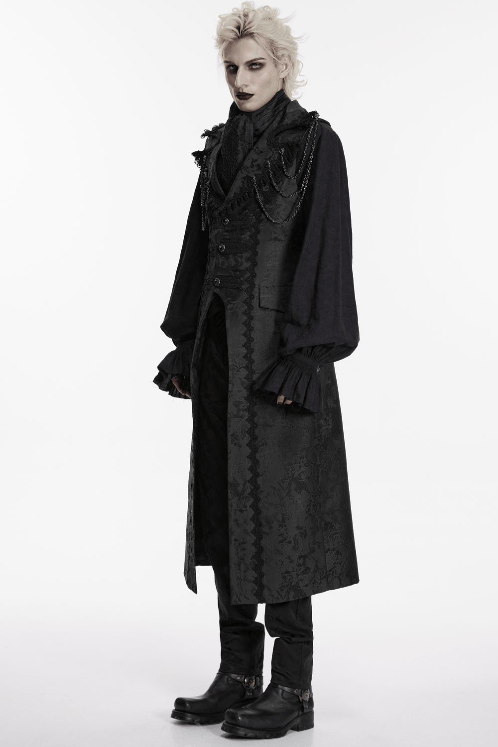 Male Black Gothic Jacquard Tie with Lace Panel Detail worn with a dramatic goth ensemble.