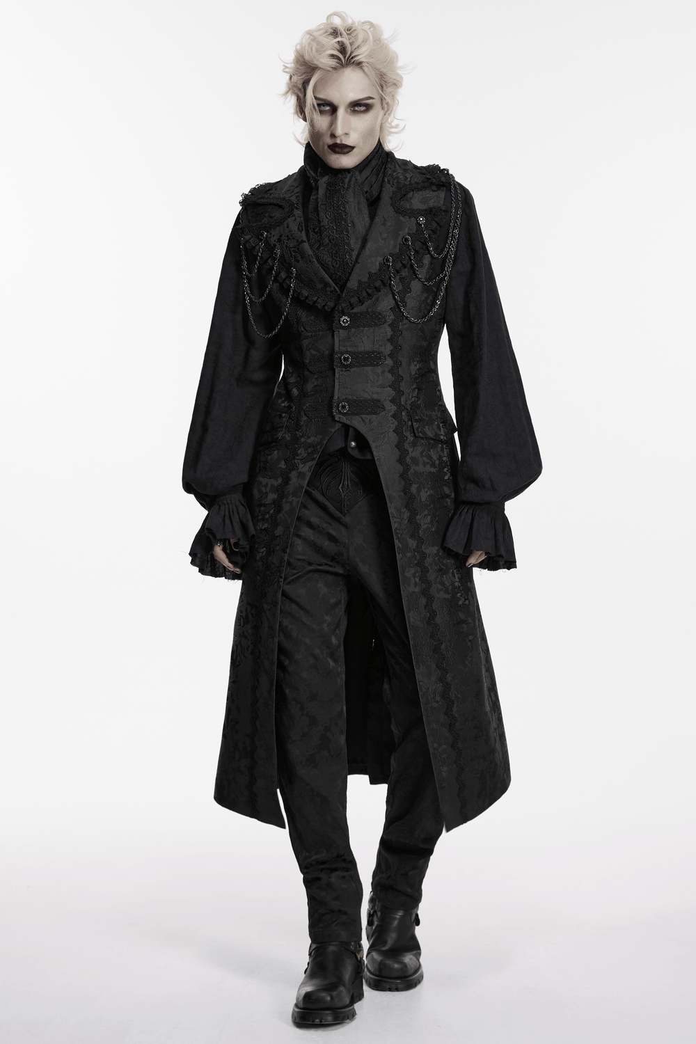 Male Black Gothic Jacquard Tie with Lace Panel Detail worn with a dramatic dark Victorian coat and elegant styling.