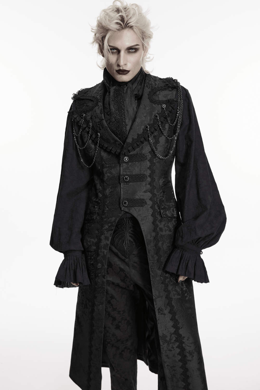 Male Black Gothic Jacquard Tie with Lace Panel Detail worn with elaborate gothic attire.