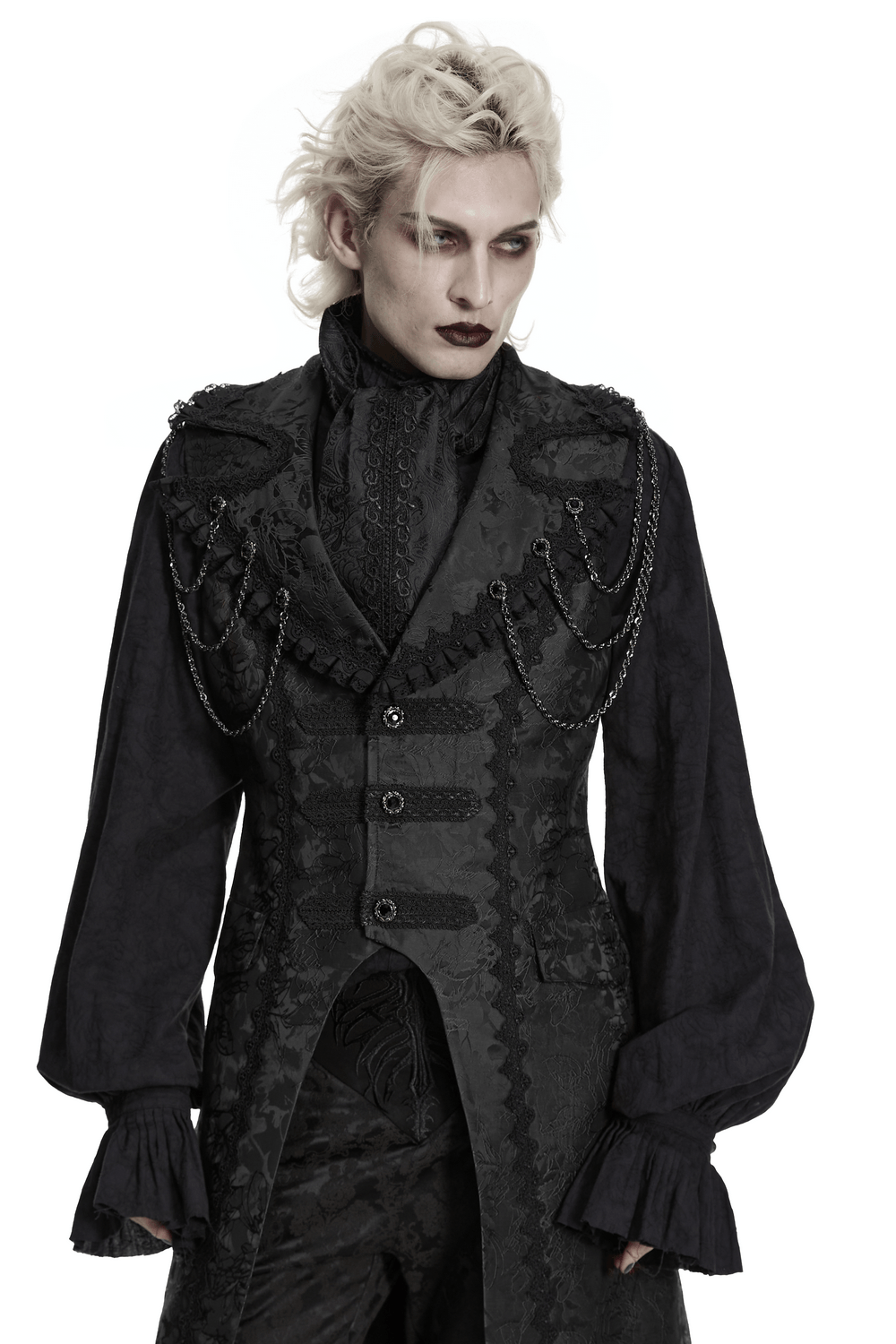 Male Black Gothic Jacquard Tie with Lace Panel Detail worn with a vintage gothic outfit, featuring intricate lace and chains.