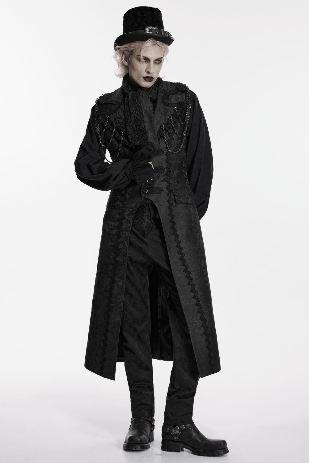 Male Black Gothic Jacquard Tie with Lace Panel Detail worn with a black Victorian-style outfit, showcasing dark romance.