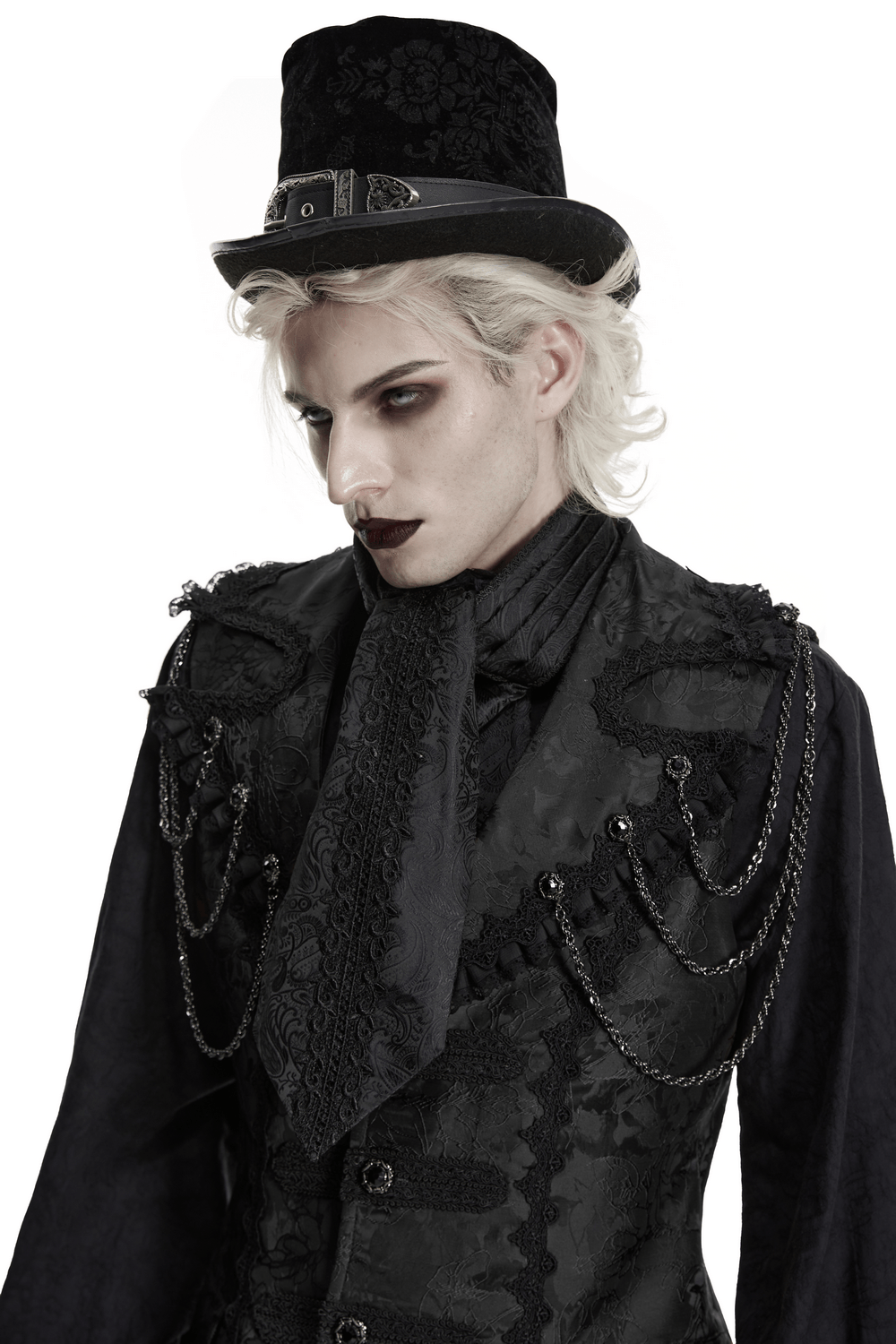 Male Black Gothic Jacquard Tie with Lace Panel Detail worn with vintage-inspired gothic attire.