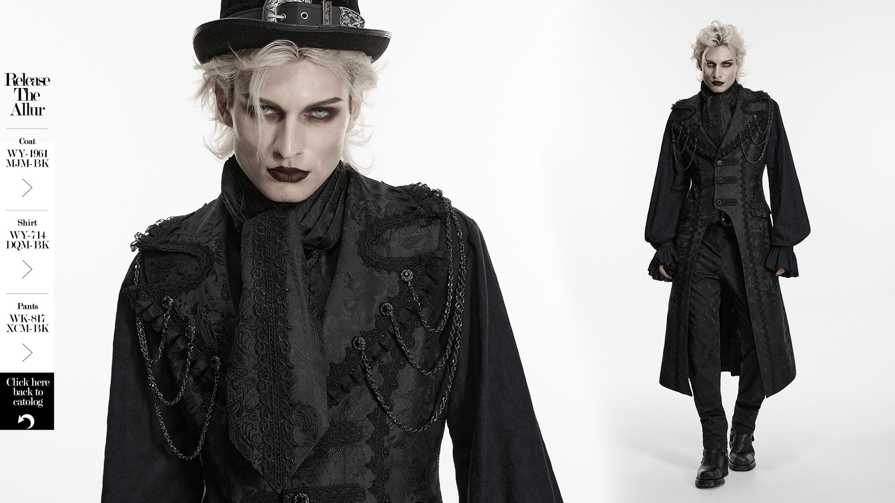 Male Black Gothic Jacquard Tie with Lace Panel Detail worn by a model in a dark, Victorian-inspired ensemble.