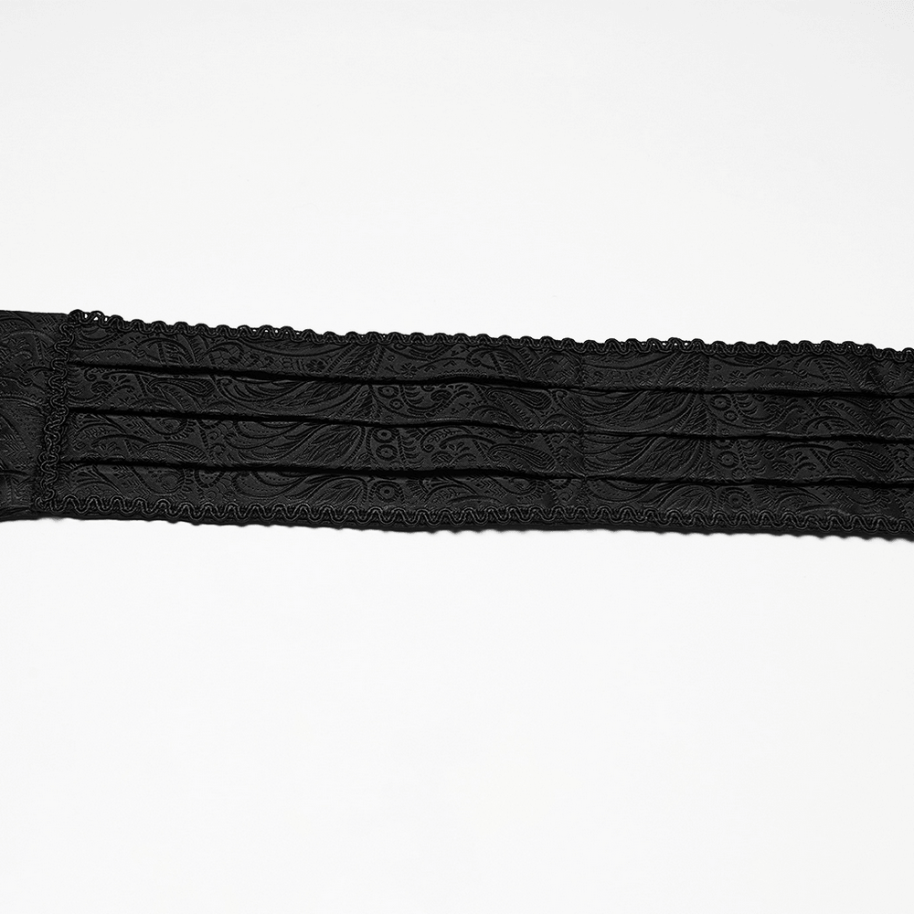 Male Black Gothic Jacquard Tie with Lace Panel Detail showcasing intricate fabric design and lace detailing.