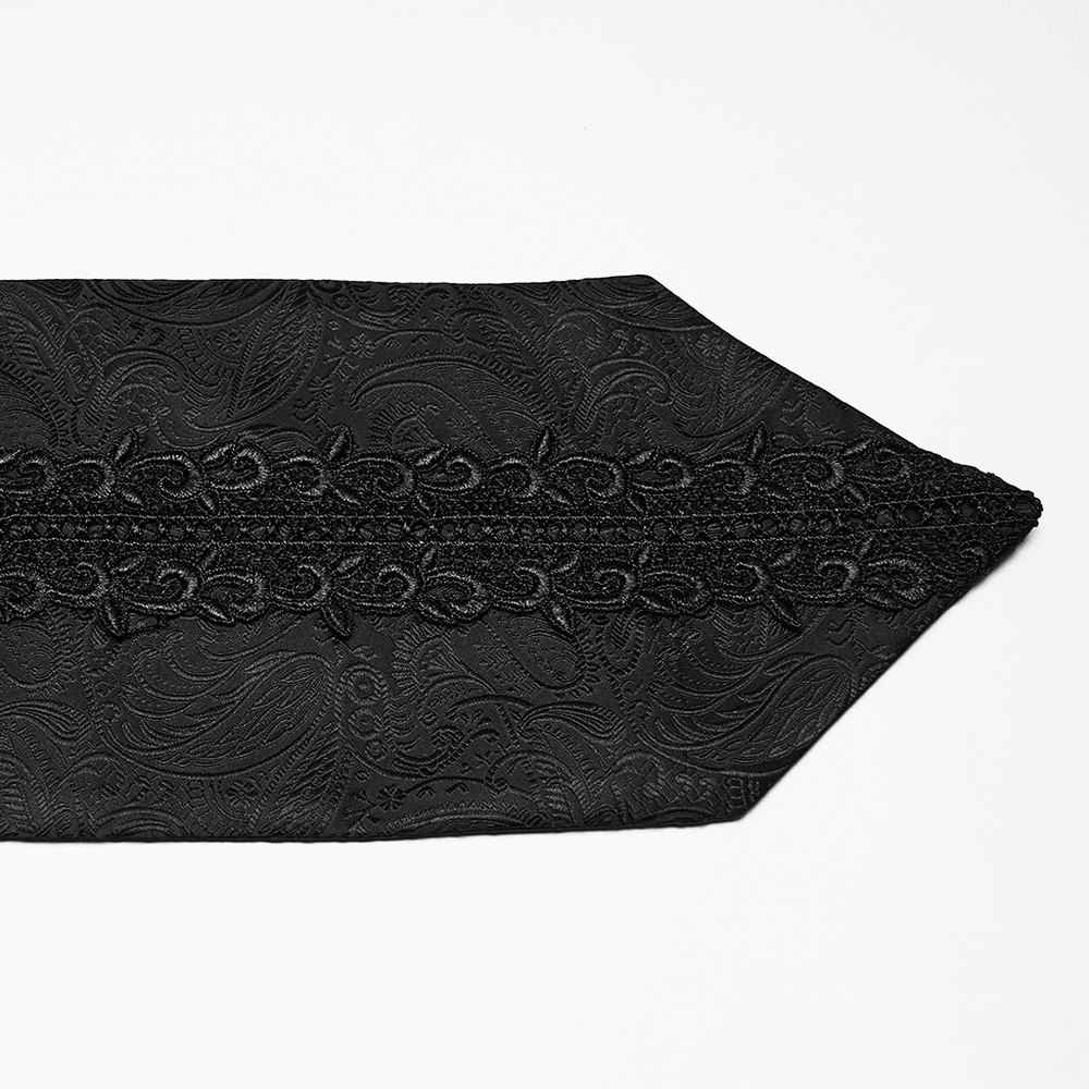 Male Black Gothic Jacquard Tie with Lace Panel Detail showcasing elegant lace and intricate jacquard pattern.