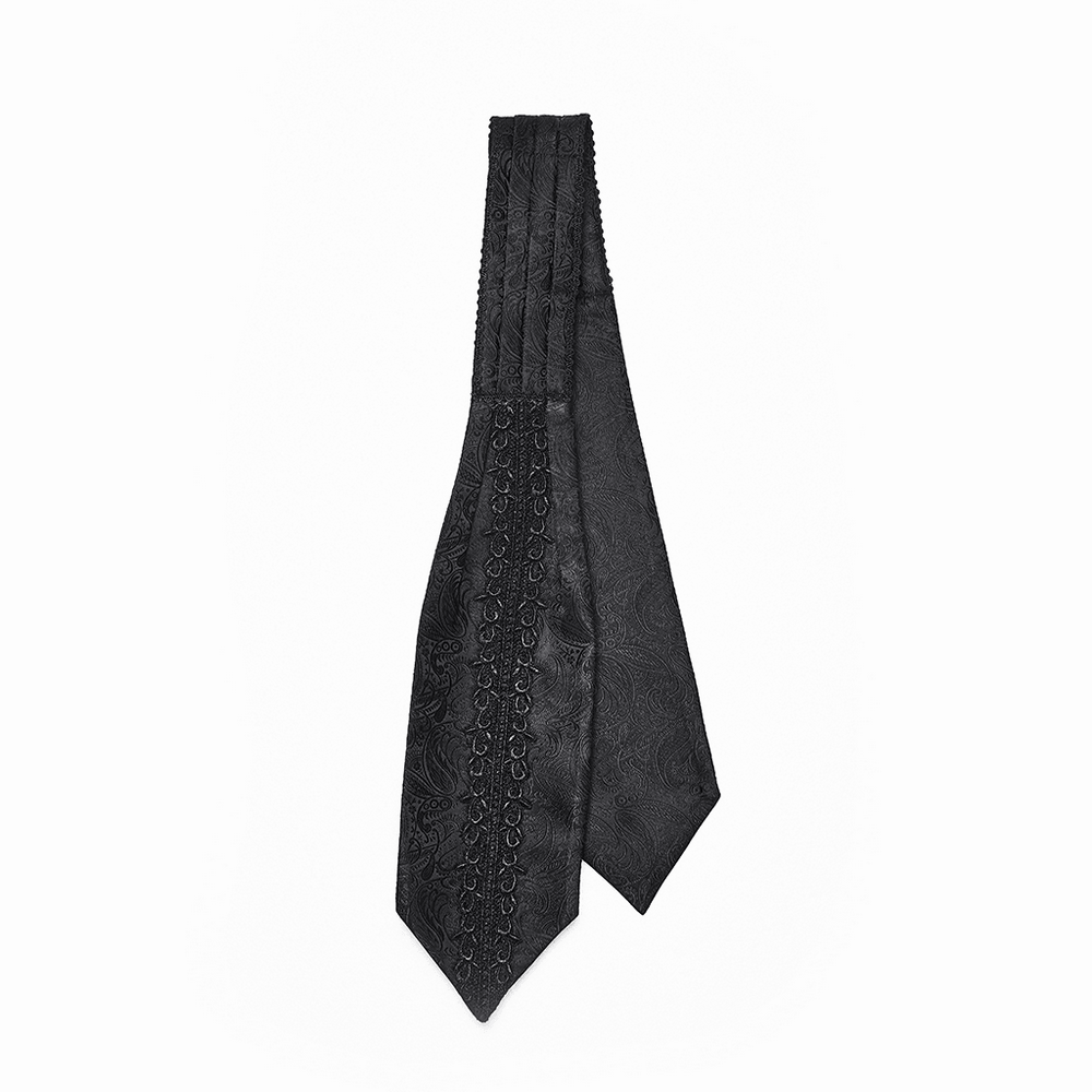 Male Black Gothic Jacquard Tie with Lace Panel Detail showcasing vintage aristocracy and dark romance.