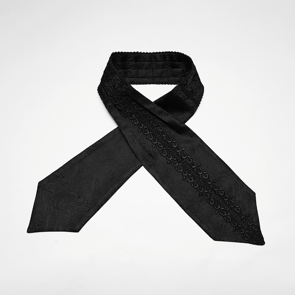 Male Black Gothic Jacquard Tie with Lace Panel Detail on white background.