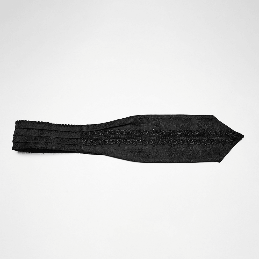 Male Black Gothic Jacquard Tie with Lace Panel Detail on a white background showcasing intricate patterns.
