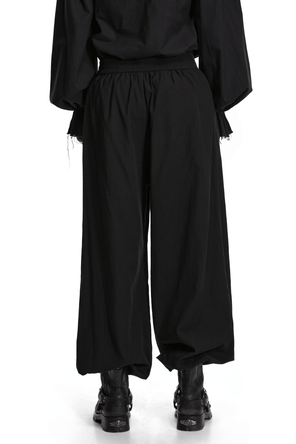 Male Black Gothic Pleated Lantern Tapered Pants showcased from the back with stylish design elements.