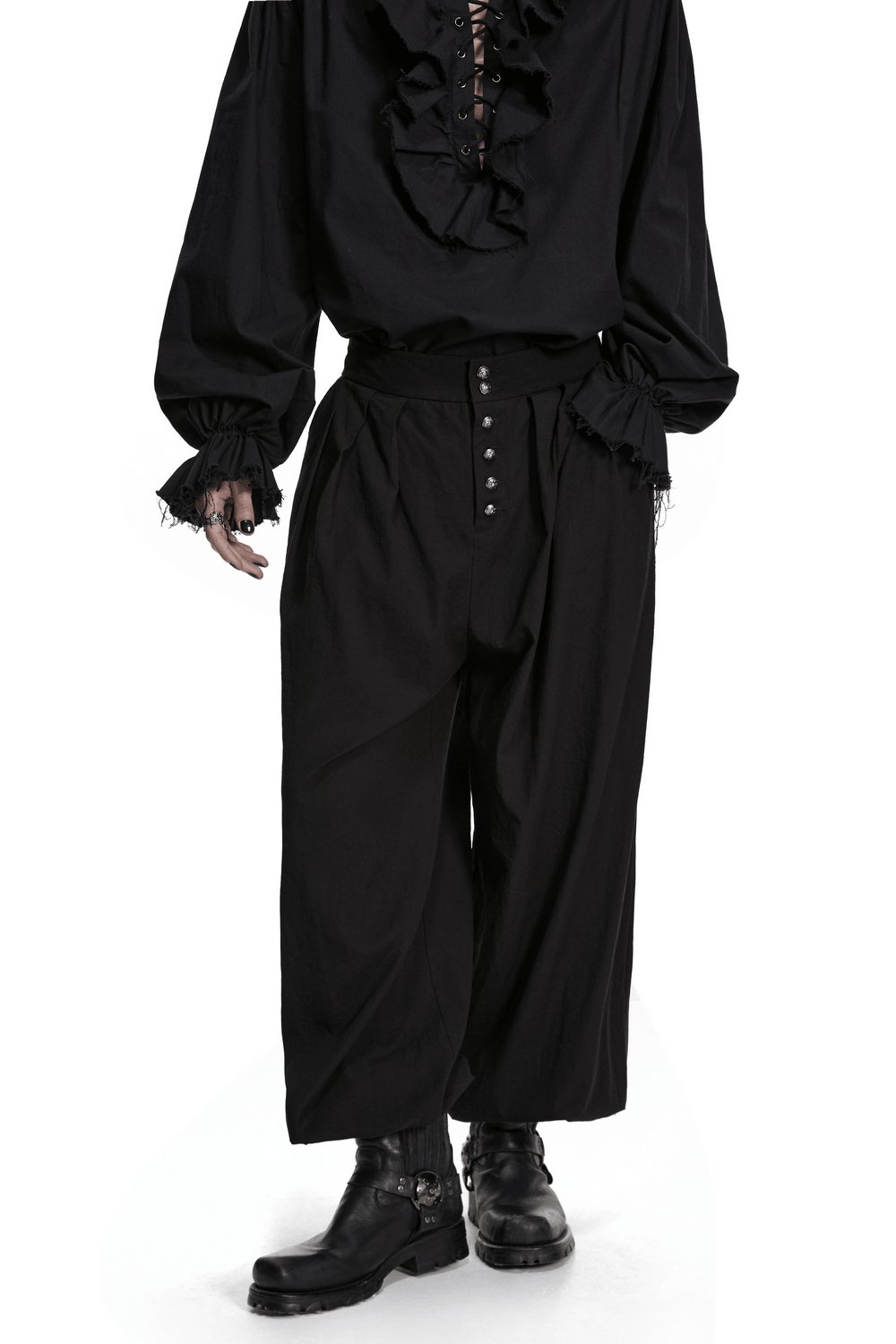 Male Black Gothic Pleated Lantern Tapered Pants paired with a stylish black top and boots.