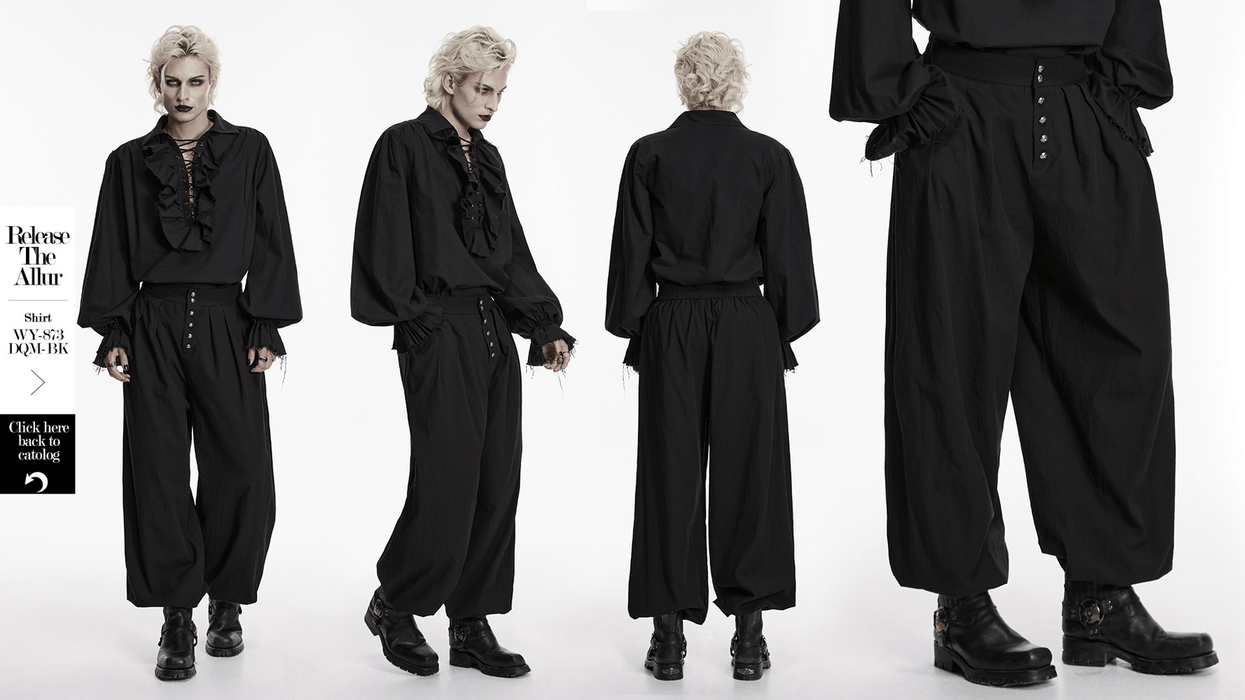Male Black Gothic Pleated Lantern Tapered Pants showcased on a model with a stylish black top and edgy boots.