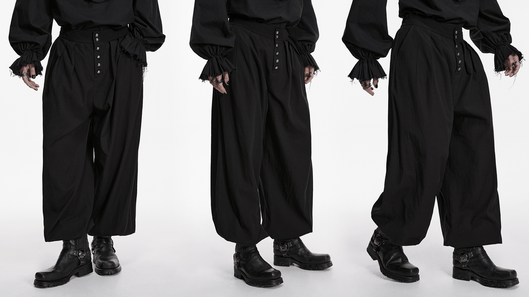 Male Black Gothic Pleated Lantern Tapered Pants worn by model showcasing their stylish design.