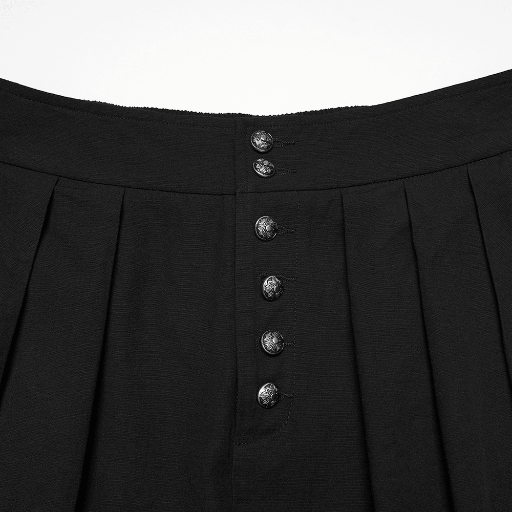Male Black Gothic Pleated Lantern Tapered Pants showcasing stylish button details on a black fabric.