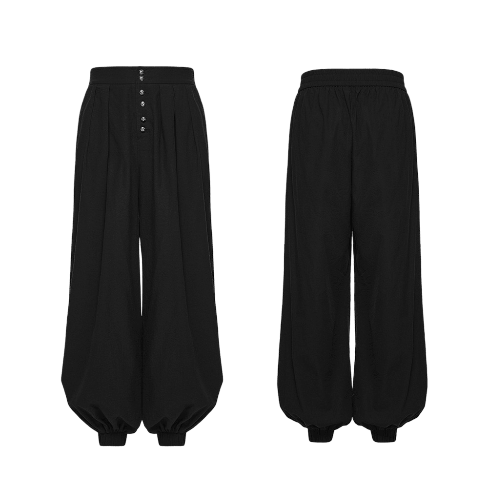 Male Black Gothic Pleated Lantern Tapered Pants showing front and back view of stylish design.