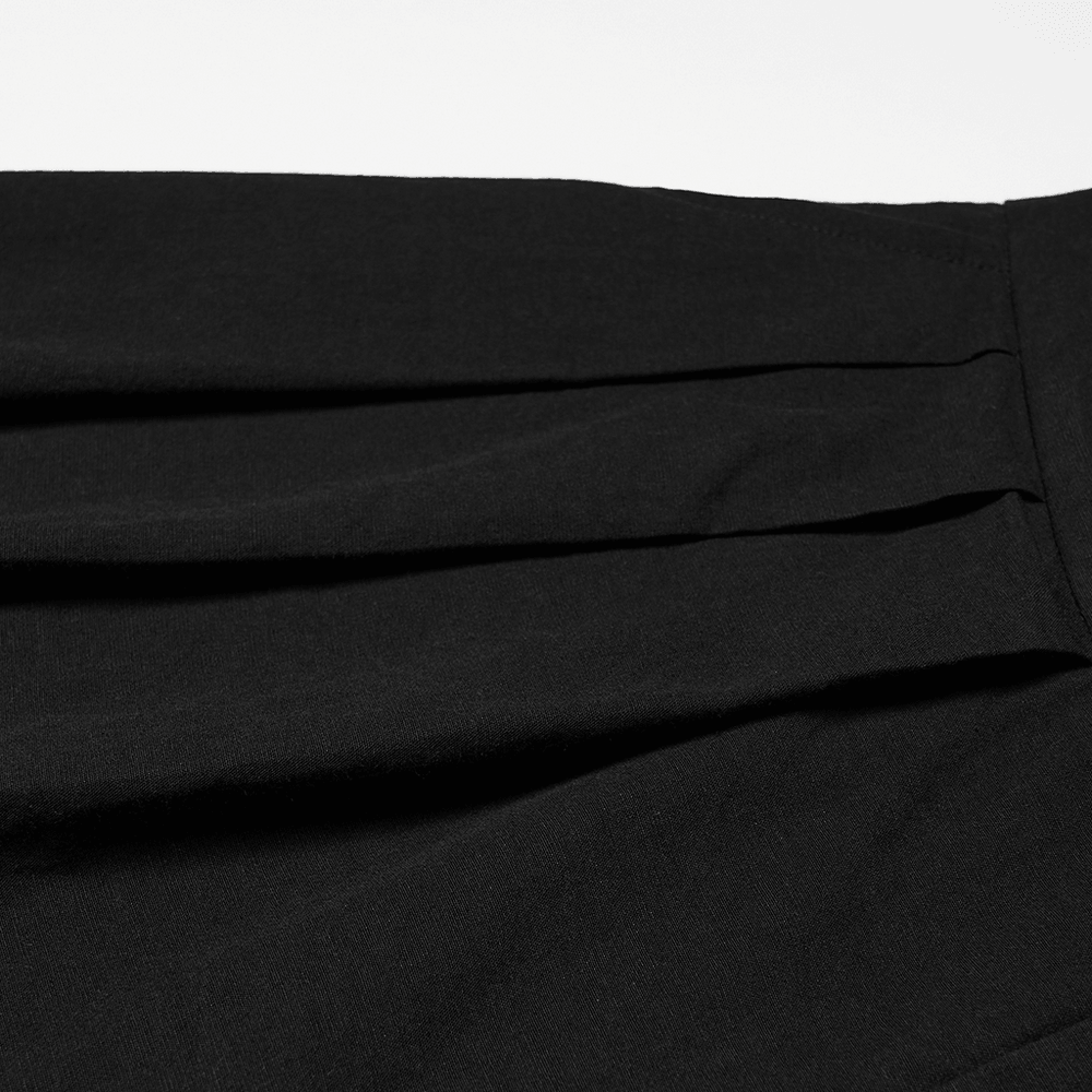 Close-up of Male Black Gothic Pleated Lantern Tapered Pants showcasing the sleek pleats and fabric texture.