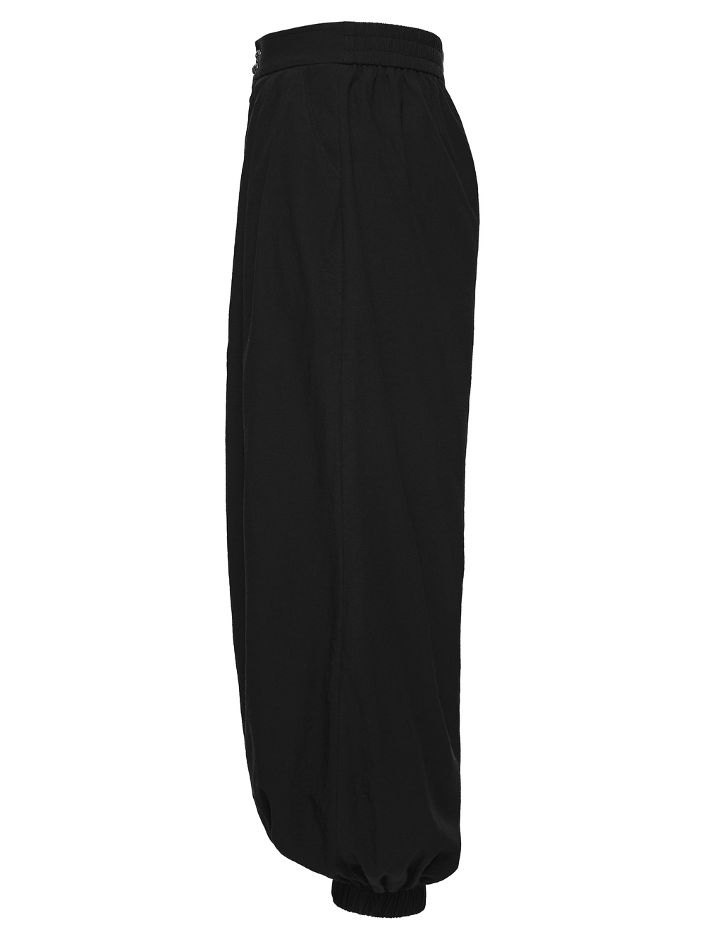 Male Black Gothic Pleated Lantern Tapered Pants showcased from the side angle, featuring a unique tapered design.