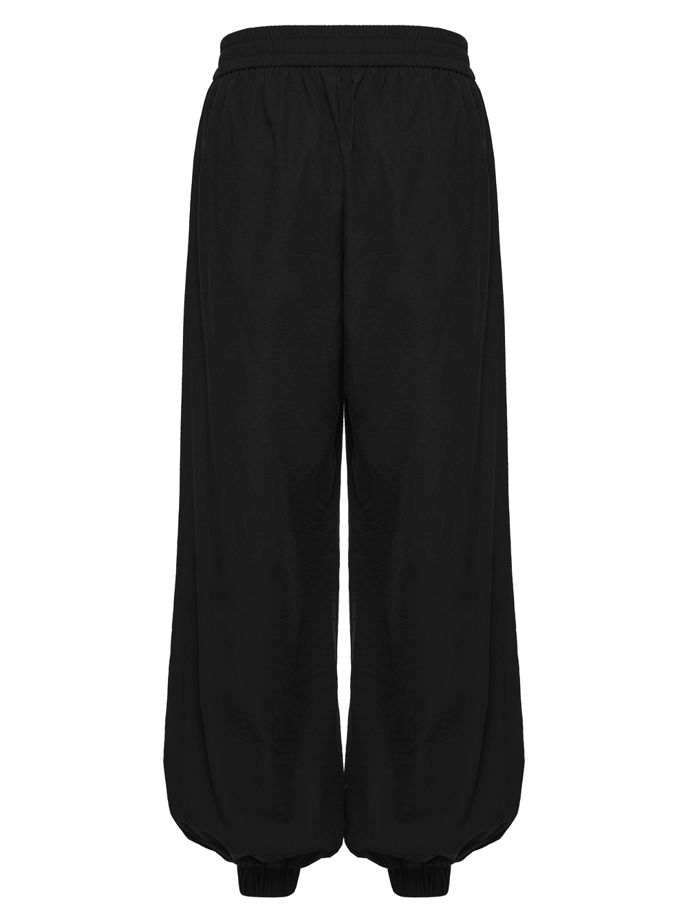 Male Black Gothic Pleated Lantern Tapered Pants view from the back showcasing the flowy design and black color.