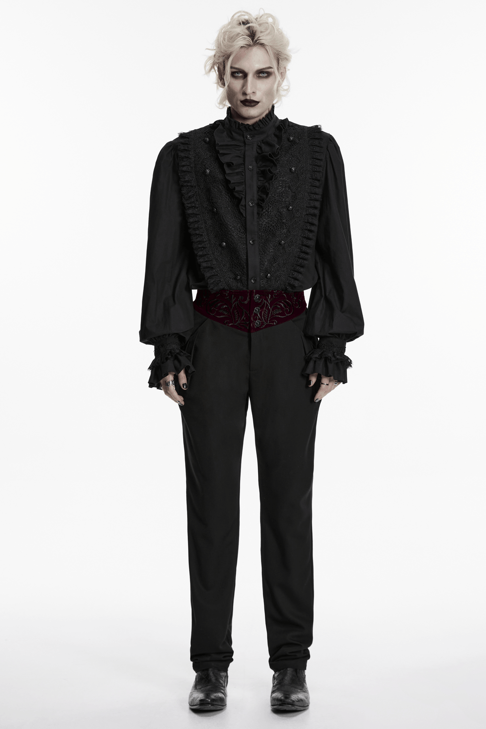 Male Black Gothic Trousers with Embroidered Velvet Waist featuring ornate detailing and a dark aesthetic.