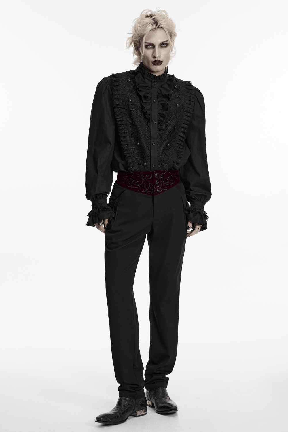 Male Black Gothic Trousers with Embroidered Velvet Waist styled with an ornate black shirt and dark accessories.