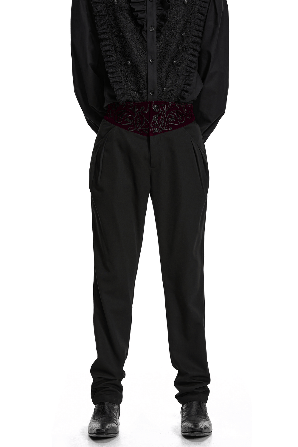 Male Black Gothic Trousers with Embroidered Velvet Waist showcased with a stylish shirt, perfect for darkwear fashion.