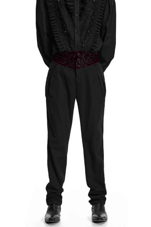 Pantalones Góticos Negros para Hombre con Cintura de Terciopelo Bordado