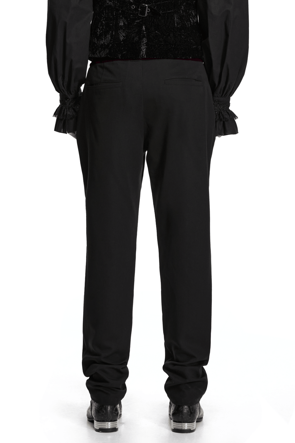Male Black Gothic Trousers with Embroidered Velvet Waist, back view showcasing sleek design and elegant detailing.